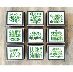 six coasters that say happy st patrick's day and drink your irish drinks