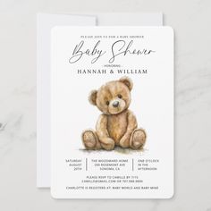 a baby shower card with a teddy bear on the front and bottom, in watercolor