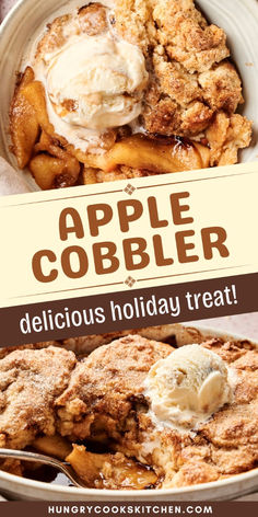 an apple cobbler in a bowl with ice cream on top and the words, delicious holiday treat