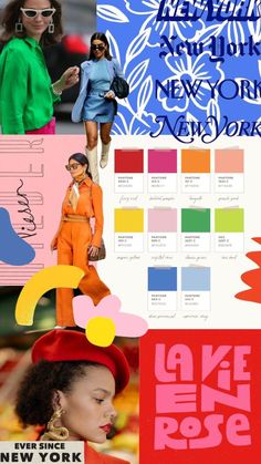 the new york fashion week collage is shown in multiple colors and styles, including orange, pink, blue, green, yellow