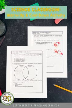 the science classroom worksheet and activity sheets are on a table with pencils, markers