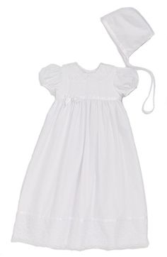 Little Things Mean a Lot Lace Collar Christening Gown and Bonnet Set (Baby Girls) available at #Nordstrom Elegant Baptism Dress In Solid Color, Classic Fitted Baptism Dress With Lace Bodice, Elegant Solid Color Baptism Dress, Elegant Baptism Dress, Classic Baptism Gown With Lace Trim, Classic Cotton Baptism Dress, Classic Baptism Dress With Lace Trim, White Cotton Baptism Gown, Classic First Communion Dress With Lace Trim