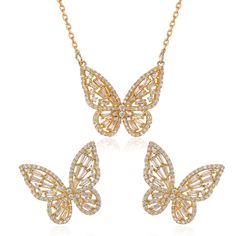 PRICES MAY VARY. 【FEATURE】Butterfly represents beauty and freedom. Butterfly jewelry is worth for every woman. You will receive a pair of dainty butterfly earrings and sparkling gold butterfly necklace, a nice gift box package and a thank you card. Earring Weight: 3.69g. Earring Size: 1.14*0.9 inch(2.9*2.3cm). The Butterfly jewelry inlaid with AAA+ cubic zirconia are handmade by experienced masters. They shine in the sunshine. 【QUALITY MATERIAL】High quality sparkling butterfly earrings necklace Gold Butterfly Necklace, Dainty Pendant Necklace, Mother's Day Jewelry, Butterfly Necklace Gold, Crystal Butterfly, Butterfly Earrings Stud, Butterfly Pendant Necklace, Women's Jewelry Sets, Dangle Necklaces