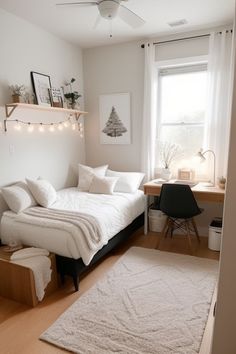 a bedroom with a bed, desk and window