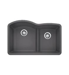 the double bowl granite kitchen sink has two faucets on one side and an apron style