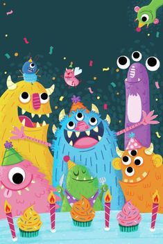 an animated group of monsters standing next to each other in front of cupcakes