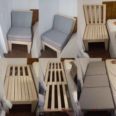 four different pictures of the same bed with mattresses and pillows on it, one is made to look like a chair