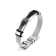 The Mens Stainless Steel Bracelet showcases a minimalist style that is quite on trend. The features include an adjustable mesh band with buckle clasp so that the bracelet can be easily adjusted to fit most men's wrist. The bracelet band width is 12mm, roughly 0.46 inches and the length can accommodate wrist from 6.5 to 8.5 inches. It is a fashionable mens bracelet that can work for all occasions, and can be gifted to teens, young men and older. This stainless steel bracelet is packaged with a je Adjustable Metal Wristband In Modern Style, Adjustable Silver Stainless Steel Wristband, Adjustable Silver Wristband With Black Band, Adjustable Modern Metal Wristband, Silver Minimalist Bracelet With Adjustable Clasp, Minimalist Silver Bracelet With Adjustable Clasp, Black Chain Bracelet With Adjustable Stainless Steel Clasp, Trendy Adjustable Chain Bracelet With Stainless Steel Clasp, Adjustable Black Chain Bracelet With Stainless Steel Clasp