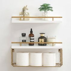 two shelves with toiletries and bottles on them