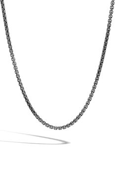 Handcrafted using the time-honored techniques of Balinese artisans, this signature John Hardy chain makes an everyday-elegant necklace. Style Name:John Hardy Men's Classic Box Chain Necklace. Style Number: 5787916. Available in stores. Elegant Gunmetal Link Jewelry, Gunmetal Box Chain Link Necklace, Formal Gunmetal Box Chain Jewelry, Elegant Gunmetal Necklace With Box Chain, Elegant Gunmetal Box Chain Necklace, Elegant Link Chain Necklace With Oxidized Finish, Classic Black Chain Necklace With Box Chain, Black Sterling Silver Box Chain Necklace, Sterling Silver Black Box Chain Necklace