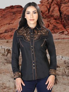 40% Polyester 60% cotton Western design Adjustable button cuffs Long sleeve El Señor De Los Cielos Black/Brown West Boots, Western Culture, Boots White, Western Design, Color Cafe, Western Shirt, Western Shirts, White Diamonds, Wild West