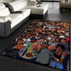 a living room with a large rug covered in cartoon characters