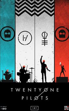 the band twentyone pilots is shown in three different colors and sizes, with an image of