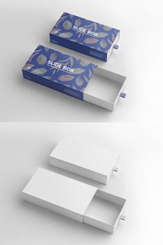 two white boxes with blue designs on them