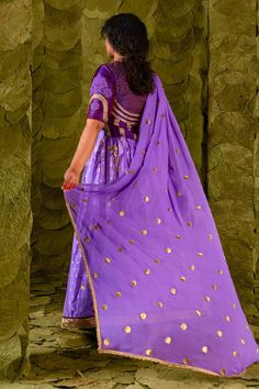 Deep lavender lehenga with silk tape, aari, zari and silk thread embroidery. Paired with a plum violet embroidered long blouse and a circular butti embroidered dupatta. - Aza Fashions Anarkali-style Pre-draped Saree With Pallu In Purple, Semi-stitched Floor-length Pre-draped Saree With Gota Work, Purple Silk Pre-draped Saree For Wedding, Purple Chanderi Pre-draped Saree For Reception, Purple Chanderi Pre-draped Saree For Wedding, Purple Anarkali Style Pre-draped Saree In Art Silk, Purple Tissue Silk Pre-draped Saree For Reception, Floor-length Tissue Silk Set With Dupatta, Floor-length Organza Traditional Wear For Festivals