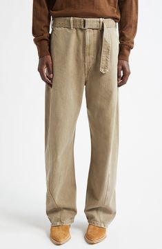 In these belted cotton pants, a purposeful twist to the seamwork seems to pare back the outsized silhouette. Zip fly with hook-and-bar closure Front welt pockets; back patch pockets Removable belt 100% cotton Hand wash, dry flat Imported Designer Clothing High Waist Cotton Bottoms With Belt Detail, Wide-leg Cotton Jeans With Belt Loops, Cotton Wide Leg Bottoms With Belt Detail, Wide Leg Cotton Bottoms With Belt Detail, Casual Cotton Bottoms With Belt Detail, Cotton Wide Leg Bottoms With Belt, Cotton Wide Leg Pants With Belt, Belted Straight Leg Cotton Bottoms, Belted Wide Leg Cotton Bottoms