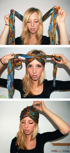 16 Beautiful Hairstyles with Scarf and Bandanna                              … Turban Tutorial, Halloween Hairstyles, Head Scarf Styles, How To Wear A Scarf, Boho Headband, Hair Wraps, How To Wear Scarves, Hippie Chic