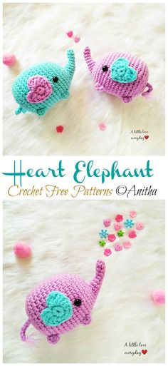 two crocheted elephants that are on top of a white furnishing with pink and blue hearts