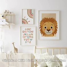 a bedroom with posters on the wall and a bed in front of it that has a lion head