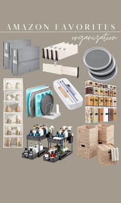 an assortment of kitchen items displayed with the words, amazon favorites organization on it