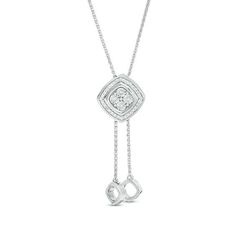 Complement your attire with this dazzling diamond lariat bolo necklace. Crafted in sterling silver, this adjustable style features a quartet of shimmering diamonds - each artfully set to enhance size and sparkle - wrapped in a polished ribbon and another frame of diamonds. Vary the look by re-centring the bolo design along the lariat chain. Radiant with 1/10 ct. t.w. of diamonds and a brilliant buffed luster, this wheat chain necklace adjusts up to 26.0 inches in length and is finished with open Bolo Necklace, Peoples Jewellers, Lariat Necklace, Diamond Stone, Diamond Clarity, White Metal, Stone Settings, Necklace Designs, Quad