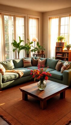 a living room filled with lots of furniture next to two windows and a rug on the floor