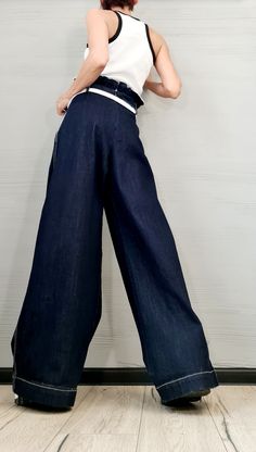 "New collection Denim Avant Garde Loose Pants, Harem Pants Women, Extravagant Denim Pants, Casual Pants, Punk Pants, Loose Pants ❤️ Extravagant designs and high quality fabrics! ❤️ Materials & Care Denim Hand wash at low temperatures. Do not machine dry. Do not iron. Do not dry clean! ❤️ Sizing We can make your piece from XS to 5XL! Everything in the shop can be also made according to your measures free of charge! ❤️ Shipping ✈ Ready to ship The time I need to prepare an order for shipping v Chic Wide-leg Denim Jumpsuit, Stretch Dark Wash Bottoms With Belt Loops, Chic Wide Leg Denim Jumpsuit, Summer Wide Leg Denim Jumpsuit, Chic Dark Wash Wide Leg Denim Jumpsuit, Stretch Denim Pants With Belt Loops, Chic Dark Wash Full-length Pants, Chic Dark Wash Full Length Pants, Chic Baggy Full-length Jeans