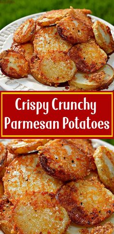 crispy crunchy parmesan potatoes on a white plate with the title above it