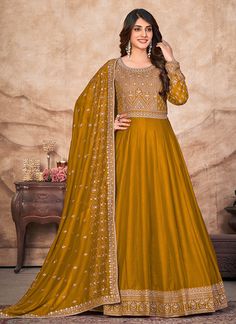 Yellow Silk Anarkali Suit Dress For Function, Long Choli Lehenga, Silk Anarkali Suits, Angrakha Style, Silk Anarkali, Anarkali Salwar, Lehenga Gown, Lehenga Wedding, Anarkali Gown