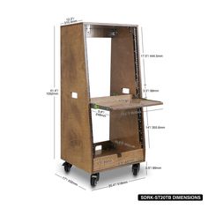 the side view of a wooden shelf with wheels and drawers on it, showing measurements