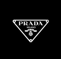 the prada logo is shown in white and black on a dark background with an arrow