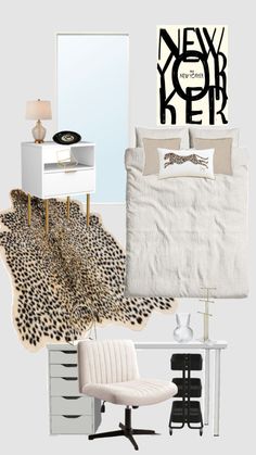 the bedroom is decorated in black, white and gold colors with animal print rugs