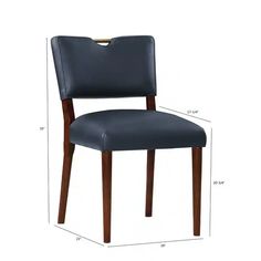 an image of a chair with measurements for the seat and back side, shown in blue leather