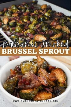 brussel sprouts with bacon in a white bowl