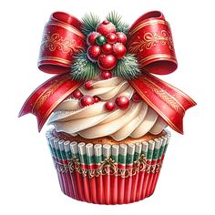 a cupcake with icing and decorations on top is shown in this christmas card