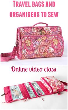 the travel bag and organizer to sew is shown in two different images, one with pink