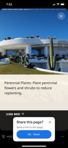 an iphone screenshot of a house with the text, learn more about plants and shrubs to reduce replanting