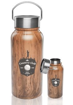 the country club bottle and canister set is made from wood with stainless steel lid