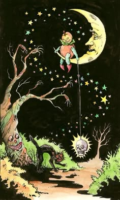 an illustration of a child on a swing in the night sky