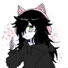 an anime character with black hair and green eyes holding a pink object in her hand