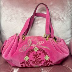 Juicy Couture Fluffy Bag Authentic Vintage Y2k Circa 2011 Juicy Couture Hot Pink Velour Embroidered Hobo Bag Gold Hardware Magnetic Closure Preowned In Fair Condition With Peeling On The Inside And Missing Bag Charm. Outside Of Bag Was Repaired With Angelus Leather Paint :) Fluffy Bag, Juicy Couture Bags, Leather Paint, Cute Bags, Juicy Couture, Hobo Bag, Eye Candy, Hot Pink, Bag Lady