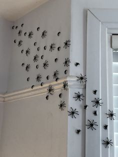 several black and white spider magnets are on the wall next to an open door