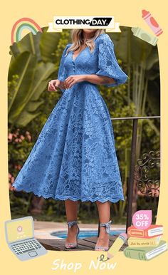 Solid Color Mid-sleeve Elegant Lace Midi Dress Half Puff Sleeve, White Dress Aesthetic, Gaun Fashion, Lace Dress Styles, Evening Dresses With Sleeves, Blue Evening Dresses, Dress Sleeve Styles, Lace Dress With Sleeves, Embroidered Dress