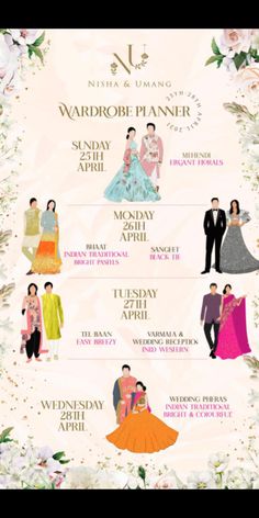 a poster with different types of people in wedding outfits and names for each couple on it