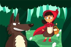 a little red riding on the back of a wolf in a forest with a girl