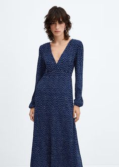 Polka-dot midi dress - Woman | MANGO USA Mango Maxi Dress, Fall Dress, Print Midi Dress, Textured Design, Sleeve Midi Dress, Long Sleeve Midi, Puffed Sleeves, Maxi Dress Blue, Printed Midi Dress