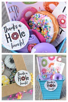 a box filled with lots of donuts next to a sign that says thanks for hole