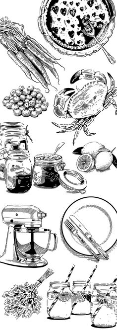 black and white drawing of various food items including pizza, fruit, jam, cheesecake