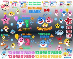 a birthday party poster with shark characters and numbers