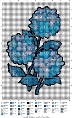 a cross stitch pattern with blue flowers on it